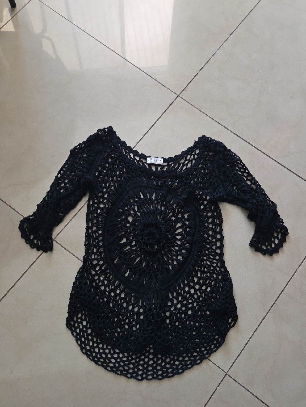 Black Crochet Open-Knit Tunic Top Swim Cover Up